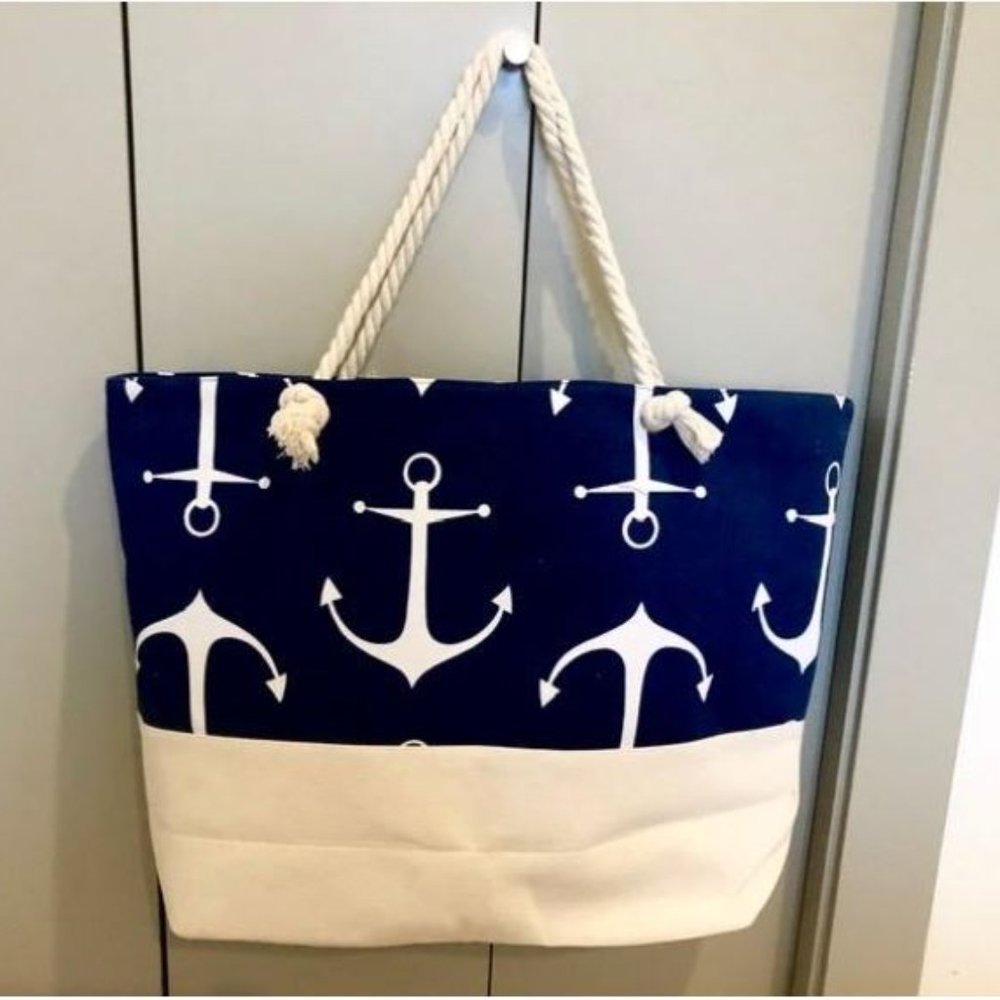 Blue and white Large Beach Tote Bag w/ Anchors